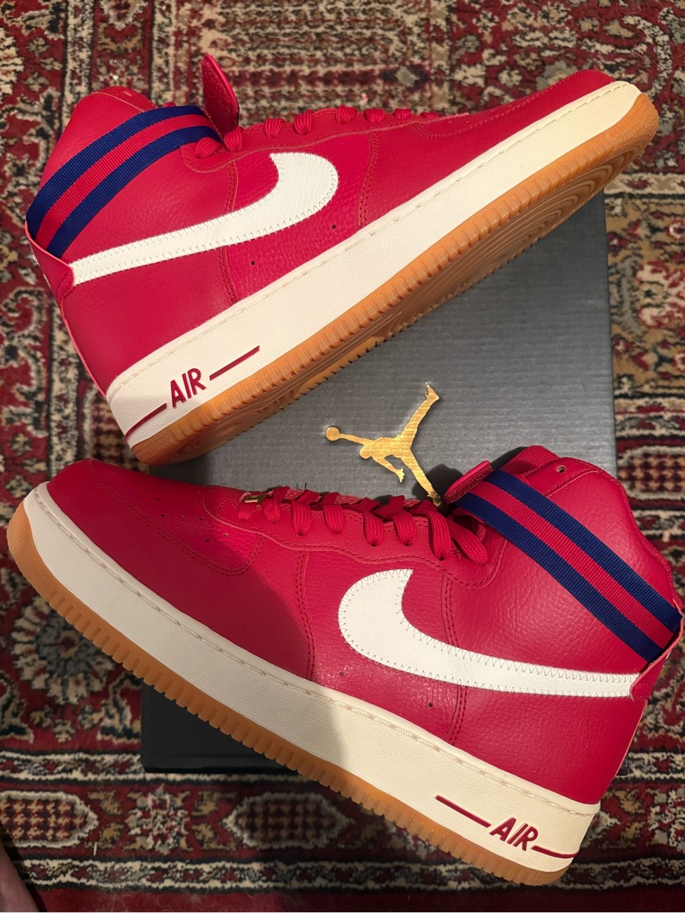 Nike Air Force 1 ‘07 High Red  Sneakers White Swoosh and Blue Stripes